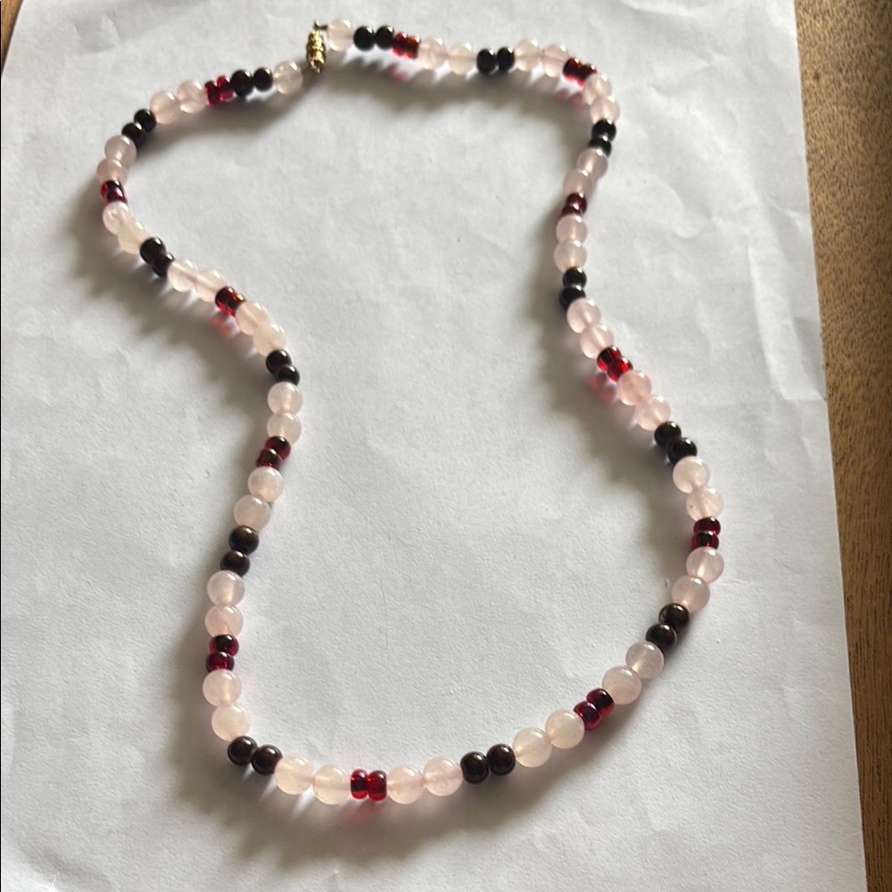Elegant Pink Quartz and Red Beaded Necklace
